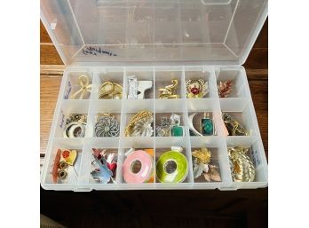 Pendants And Pins Lot - Some Signed - Costume Jewelry  - In Plastic Divided Storage Container