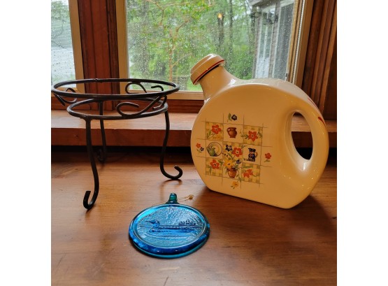 Plant Stand, Jug And Blue Swan Ornament