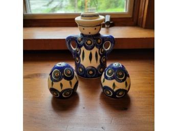 Polish Pottery Salt And Pepper Shakers And Vase