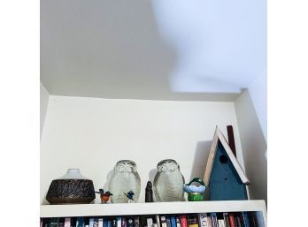 Shelf Lot With Decorative Items: Birds, Owls, Pottery Vase, Etc.