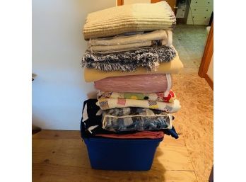 Assorted Blankets And Linens In Blue Bin (Upstairs Room No. 2)