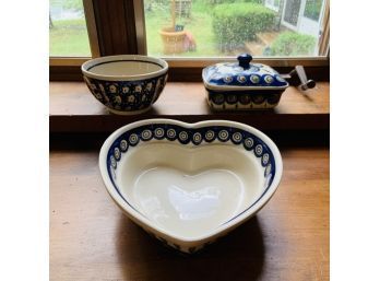 Set Of Three Polish Pottery Dishes: Heart, Bowl And Dish With Lid (Kitchen)