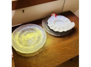 Glass Platters And Chicken Egg Serving Dish (Master Bedroom)
