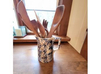 Ceramic Crock With Wooden Kitchen Tools (Kitchen)