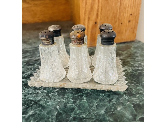 Vintage Crystal Mini Salt And Pepper Shakes On Tray (Dining Room)