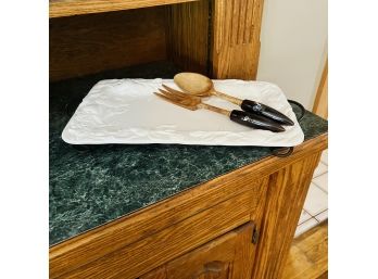 Ceramic Serving Tray With Stand And Wood Serving Spoon And Fork (Dining Room)