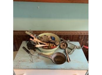 Assorted Vintage Kitchen Tools In A Green Colander (Kitchen)