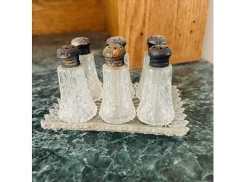 Vintage Crystal Mini Salt And Pepper Shakes On Tray (Dining Room)
