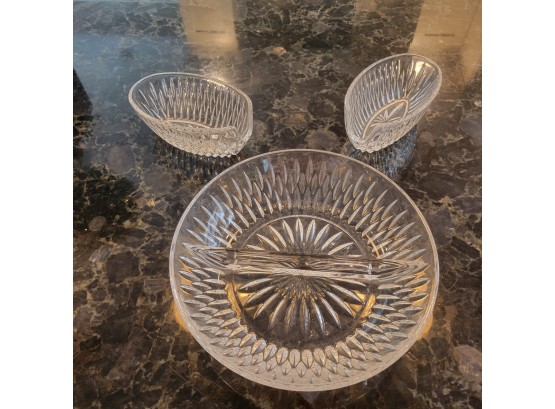 Divided Crystal Dish And 2 Crystal Silverware Dishes (Kitchen)
