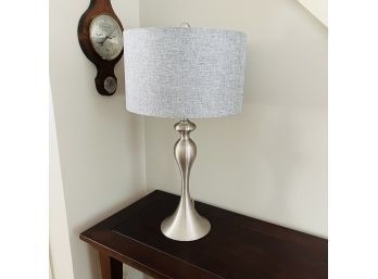 Silver Table Lamp With Gray Drum Shade (Living Room)