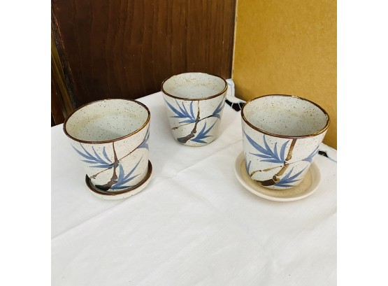 Ceramic Painted Planter And Saucers - Set Of Three