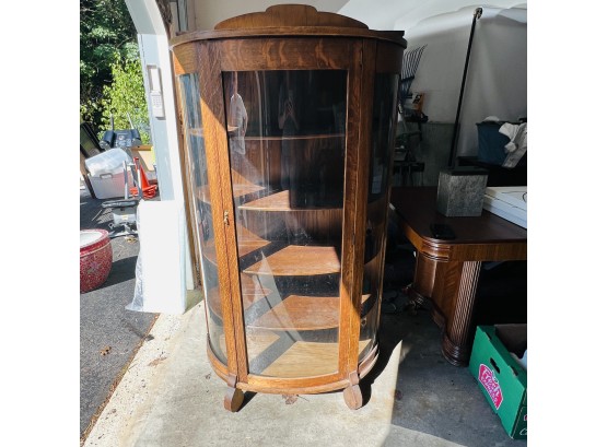 Older Vintage Curved Front Wood And Glass Cabinet