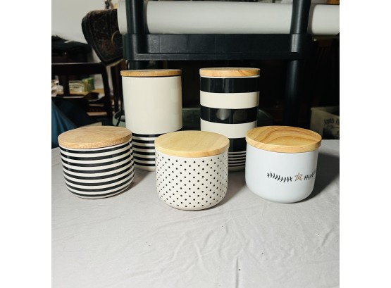 Set Of Five Coordinate Stripe And Polka Dot Storage Canisters With Lids