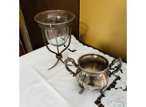 International Silver Co. Silverplated Sugar Bowl And Glass Candle Holder With Metal Base