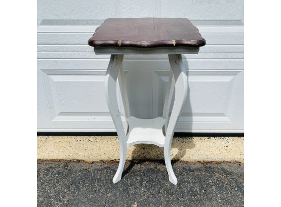 Tall Wooden Distressed White And Stained Wood Side Table
