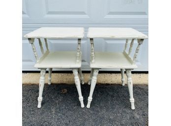 Pair Of White Distressed Two-tier Side Tables With Glass Toppers