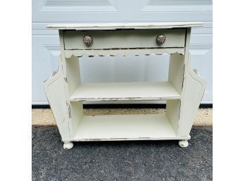 Refinished Distressed White Console Table With Side Pockets And Drawer
