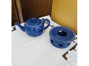 William Sonoma Blue Ceramic Tea Pot And Heater