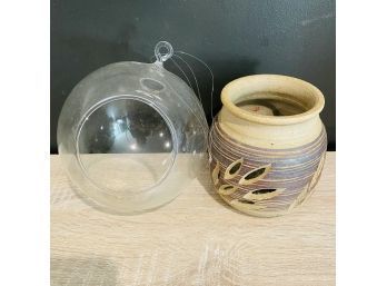 Hanging Glass Plant Globe And Ceramic Planter (No. 18)