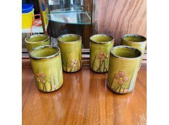 Olive Green And Floral Sake Cups - Set Of Six
