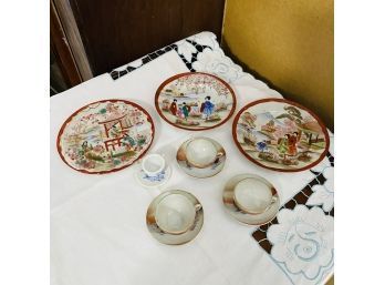 Three Vintage Geisha Saucers And Tiny Ceramic Tea Cups And Saucers