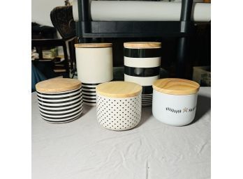 Set Of Five Coordinate Stripe And Polka Dot Storage Canisters With Lids