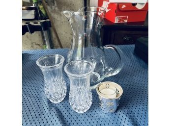 Glass Pitcher, Pair Of Crystal Vases And Candle Holder