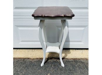 Tall Wooden Distressed White And Stained Wood Side Table