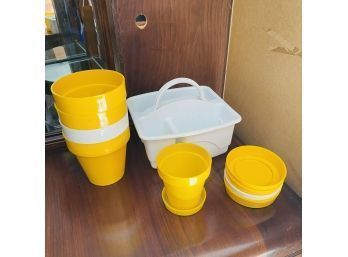 White And Yellow Plastic Planters And Utility Bucket