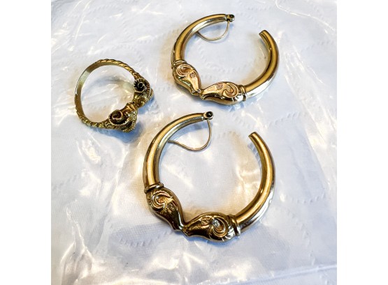 Greek Gold Rams Head Ring And Gold Tone Earrings