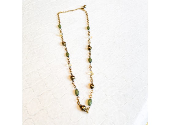 Gold Tone Necklace With Green And Gold Beads