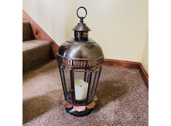 Brass Tone Lantern With Candle (Entryway)