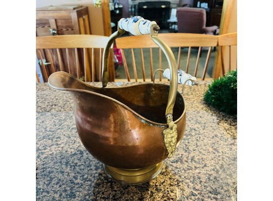 Vintage Brass Pot With Porcelain Handles And Lion Head Accents (Kitchen)