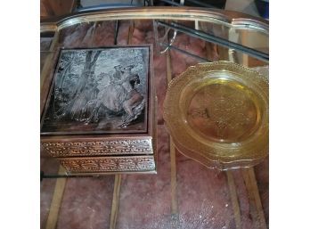 Silver Colored Tin Plus Yellow Glass Depression Plate (Basement)