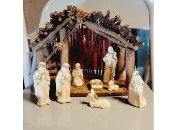 Ceramic Nativity Set With Wooden Creche (Basement)