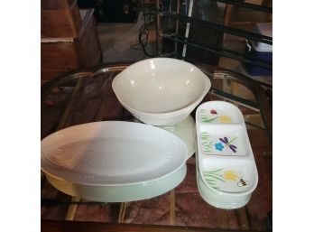 Crate And Barrel Dish, Ceramic Mixing Bowl And Plastic Serving Dishes(Basement)