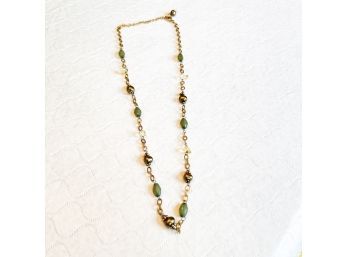 Gold Tone Necklace With Green And Gold Beads