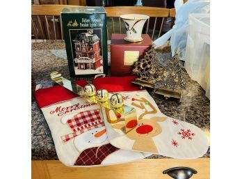 Holiday Stockings, Lighted House, Stocking Hooks And Lenox Candle (Kitchen)
