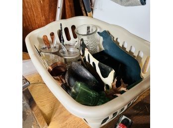 Assorted Decorative Items In A Laundry Basket (Garage)