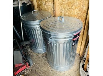 Pair Of Metal Trash Bins Filled With Bird Seed (Shed)