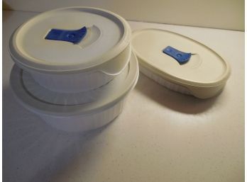 3 White Corningware Casseroles With Microwave Lids (Kitchen)