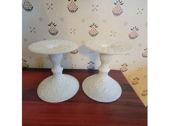 Pair Of Vintage Milk Glass Candle Holders (Dining Room)
