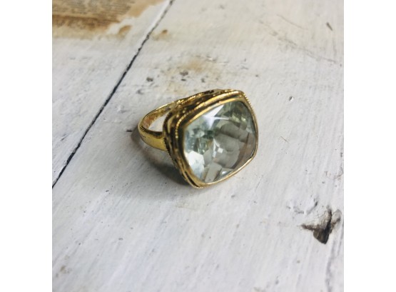 Gold Tone Sterling Ring With Aqua Faceted Center