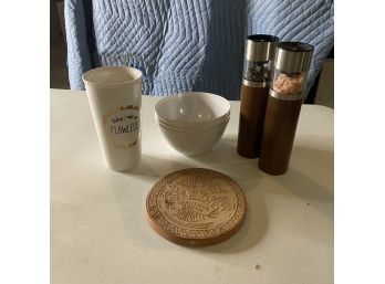 Trivet, Mug, Pepper And Salt Grinder And Bowls