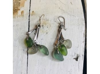Dangly Silver Tone Earrings With Sea Glass