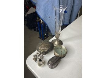 Silverplate Pieces: Shell Dish, Ronson Queen Anne Table Lighter, Vase, And Picks