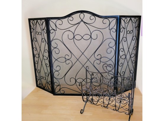 Gorgeous Cast Iron Fireplace Screen And Matching Log Holder