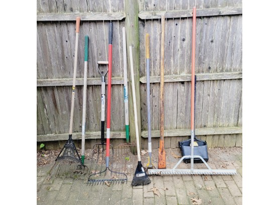 Lot Of Lawn Tools. Rakes, Hoe And Dustpan With Hand Broom