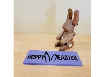 Vintage Bendable Wooden Rabbit And Handmade Sign