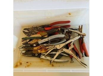 Assorted Pliers And Vice Grips Lot With Bin